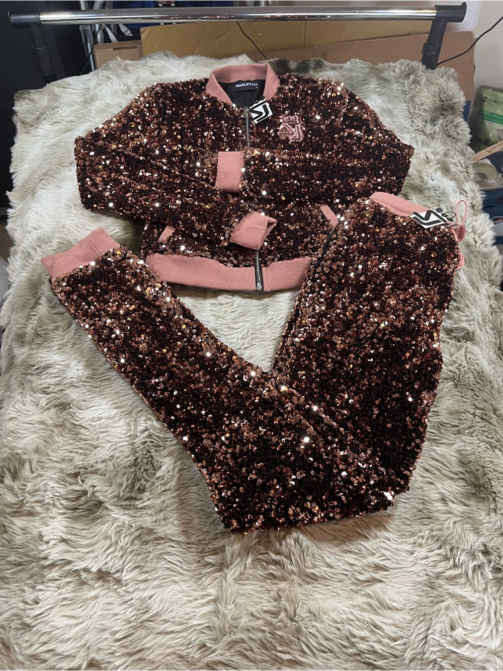 Sequin Bomber Jacket & Joggers Set - Rose Brown Sparkle